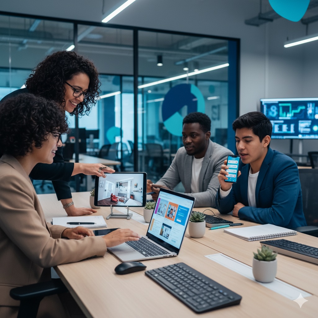 Diverse professionals using AI tools for design, content creation, and learning